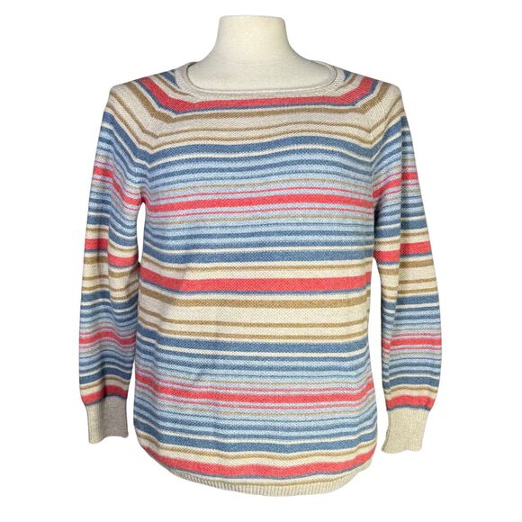 L.L. Bean Cotton Striped Pullover Sweater Large Petite Blue Pink Beige - Picture 1 of 9